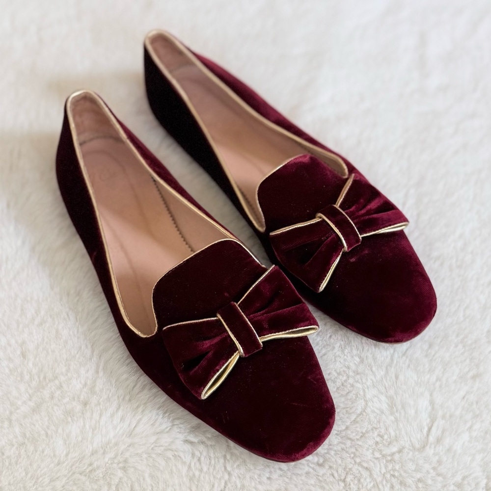 J CREW 9.5 Velvet Smoking Slippers Bow Loafers Burnished Beet Gold AE949 / 2019